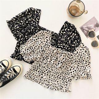 Puff-sleeve Square-neck Leopard Print Blouse