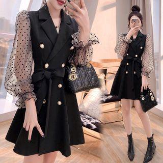 Long-sleeve Double Breasted Mesh Panel Mini Dress