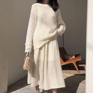 Set: Crochet Knit Sweater + Midi A-line Skirt