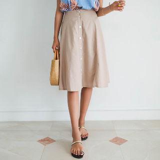 Band-waist Button-detail Midi Skirt