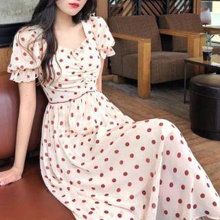 Dotted Square-neck Short-sleeve Maxi Dress