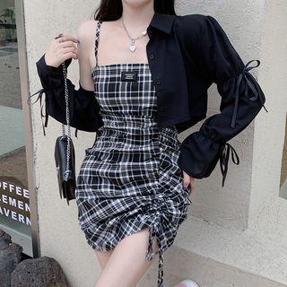 Spaghetti-strap Plaid Drawstring Mini Sheath Dress / Crop Shirt