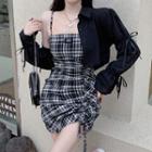 Spaghetti-strap Plaid Drawstring Mini Sheath Dress / Crop Shirt