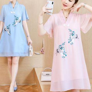 Crane Embroidered Short-sleeve Hanfu Dress