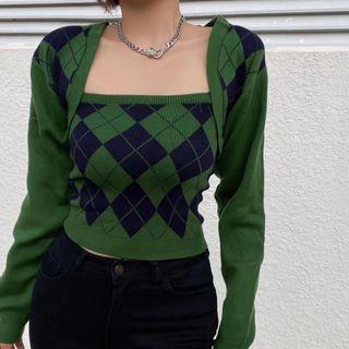 Set: Argyle Knit Shrug + Camisole Top