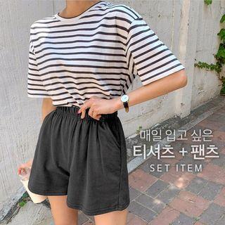 Set: Drop-shoulder Stripe T-shirt + Shorts