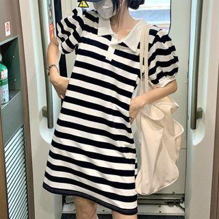 Puff-sleeve Striped Polo Dress