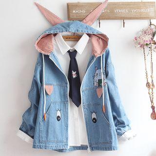 Long-sleeve Shirt / Embroidered Cartoon Zip Hooded Denim Jacket