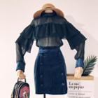 Set: Long-sleeve Ruffle Mesh Top + Double-breasted Pencil Skirt