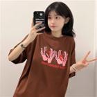 Short-sleeve Printed Oversized T-shirt Coffee - One Size