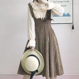 Ruffle Trim Blouse / Corduroy Suspender Skirt
