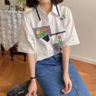 Short-sleeve Floral Embroidered Panel Shirt White - One Size