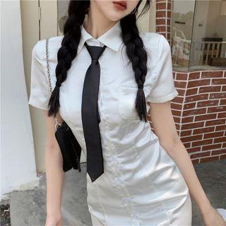 Short-sleeve Tie Neck Mini A-line Shirt Dress