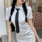 Short-sleeve Tie Neck Mini A-line Shirt Dress
