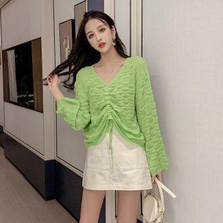 Long-sleeve Ruched Open-knit Top