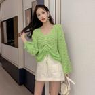 Long-sleeve Ruched Open-knit Top