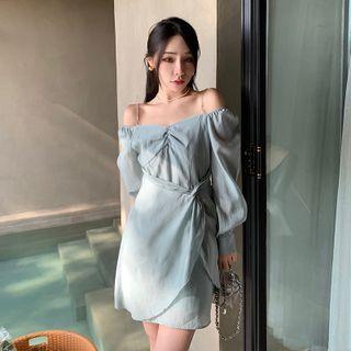 Long-sleeve Off-shoulder Chain Strap Mini Sheath Dress