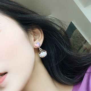 Heart Bead Dangle Earring 1 Pair - Silver Stud - Purple & Pink - One Size