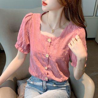 Short-sleeve Square-neck Crinkle Blouse
