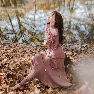 Set: Floral Mock-neck Sweater + Knit Tiered Midi Skirt