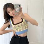 Argyle Color Block Knit Cropped Tank Top Yellow - One Size