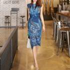 Sleeveless Tie-waist Graphic Print Midi Sheath Dress