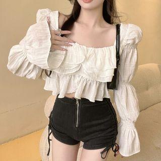 Puff-sleeve Layered Cropped Blouse / Drawstring Hot Pants