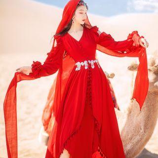 Long-sleeve A-line Midi Tassel Dress / Waist Chain / Shawl
