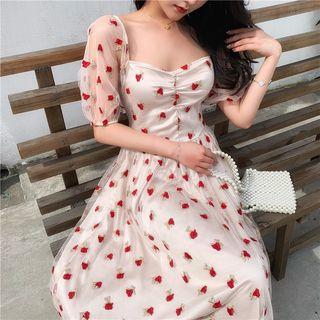 Elbow-sleeve Rose Embroidered Mesh A-line Midi Dress As Shown In Figure - One Size