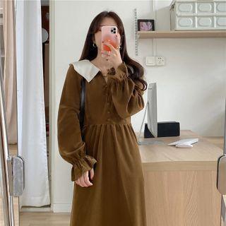 V-neck Two Tone Woolen Button-up A-line Dress