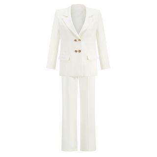Set: Double-breasted Plain Blazer + Straight Leg Pants