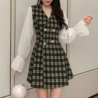 Long-sleeve Paneled Double-breasted Mini A-line Dress