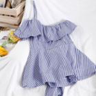Striped Cold-shoulder Ruffled Top Blue - One Size