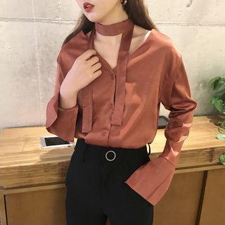 Plain V-neck Satin Blouse