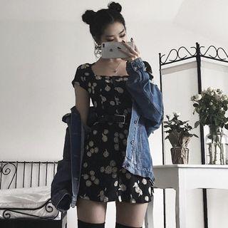 Flower Printed Square-neck Slim-fit Dress As Figure - One Size
