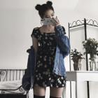 Flower Printed Square-neck Slim-fit Dress As Figure - One Size