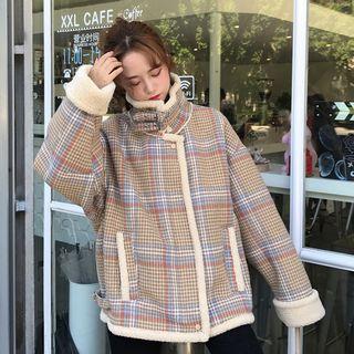 Fleece-lined Plaid Zip Biker Jacket Khaki - One Size