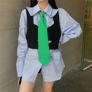 Set: Puff-sleeve Shirt + Vest Shirt - Blue - One Size / Vest - Black - One Size