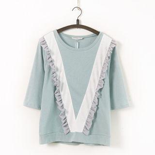 3/4-sleeve Frilled Trim T-shirt