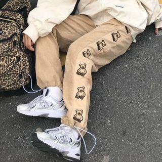 Bear Embroidered Corduroy Harem Pants