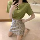 Set: Avocado Print Short-sleeve T-shirt + Leopard Print Mini A-line Skirt