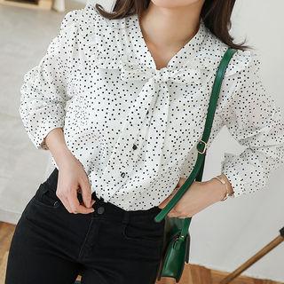 Wide-collar Tie-neck Dotted Chiffon Blouse