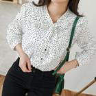 Wide-collar Tie-neck Dotted Chiffon Blouse