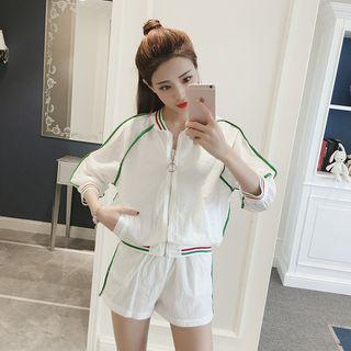 Set: Contrast Trim 3/4 Sleeve Zip Jacket + Shorts