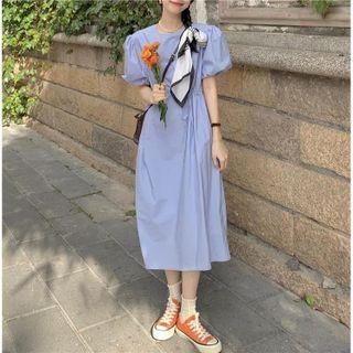 Puff-sleeve Elastic-waist Dress