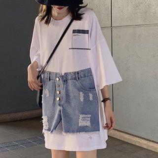 Mock Two-piece 3/4-sleeve Printed T-shirt As Shown In Figure - One Size