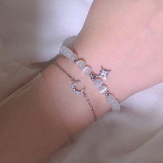 925 Sterling Silver Moon & Star Cat Eye Stone Bead Layered Bracelet 925 Silver - As Shown In Figure - One Size