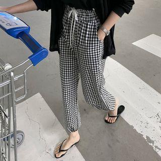 Drawstring-hem Gingham Pants Black - One Size