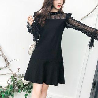 Lace Panel Frilled A-line Knit Dress