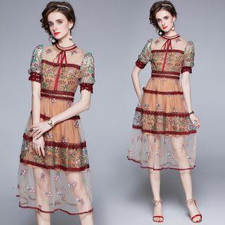 Short-sleeve Floral Embroidered Lace Midi A-line Dress